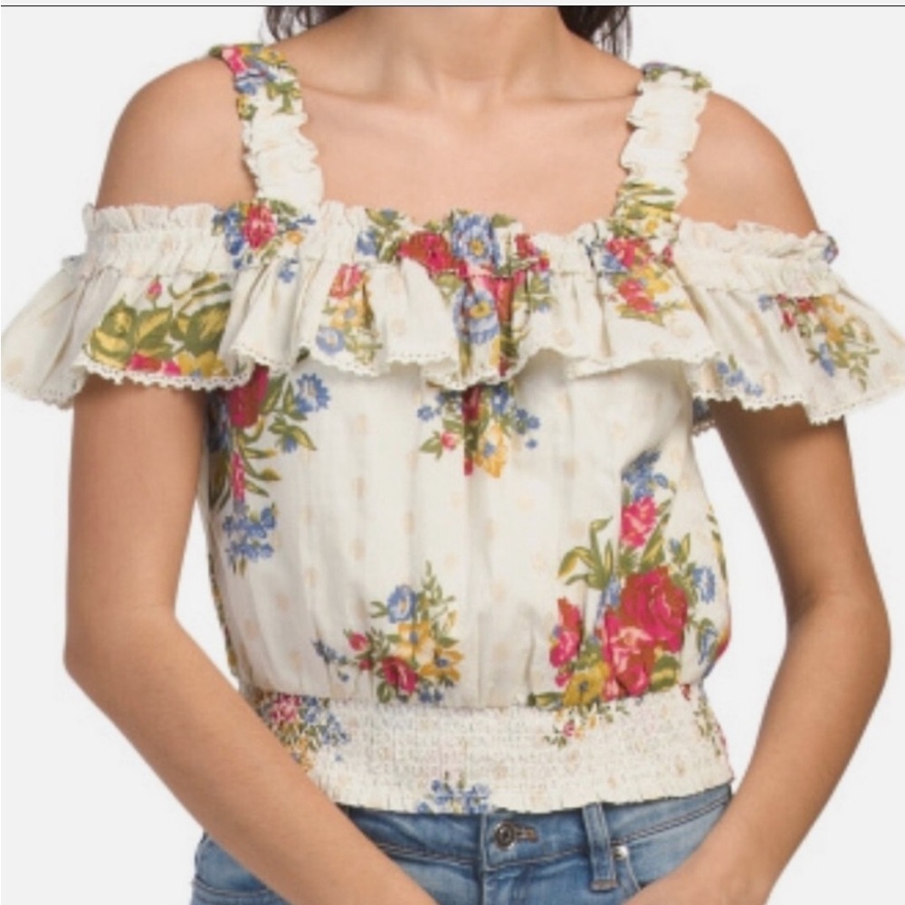 HOUSE OF HARLOW 1960 HELENA IVORY FLORAL GOLD DOT CROPPED SMOCKED TOP